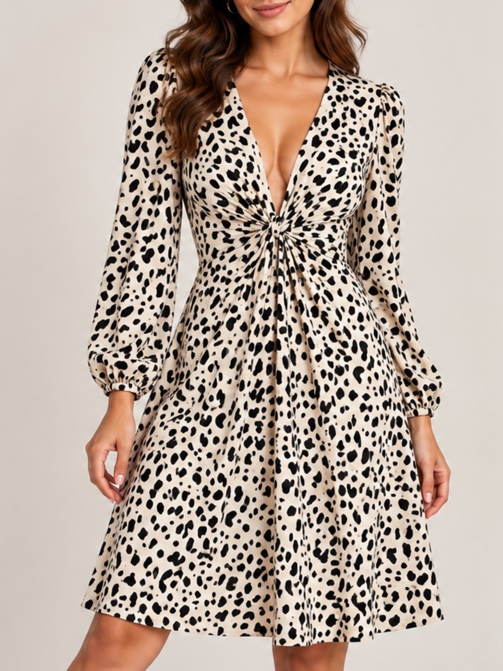 Dee Elly Knot Front Animal Print Dress in Beige and Black